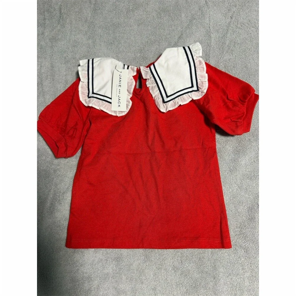 Janie and Jack Top Girls Size 4 Red Sailor Collar Ruffle Nautical Short - Picture 2 of 4